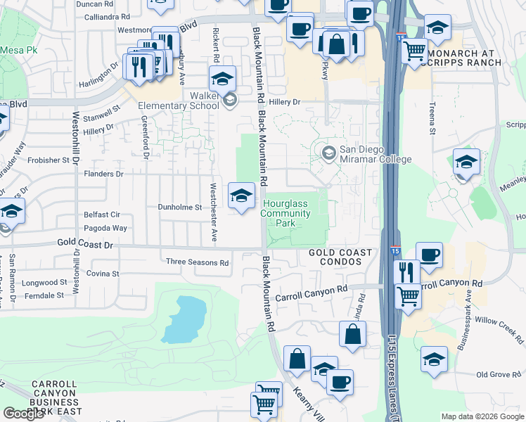 map of restaurants, bars, coffee shops, grocery stores, and more near 10441 Black Mountain Road in San Diego