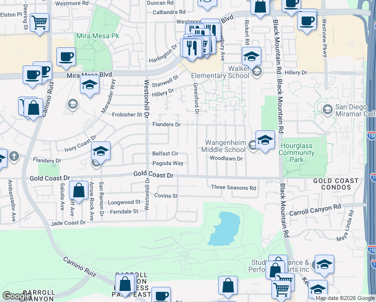 map of restaurants, bars, coffee shops, grocery stores, and more near 10407 Gold Coast Place in San Diego