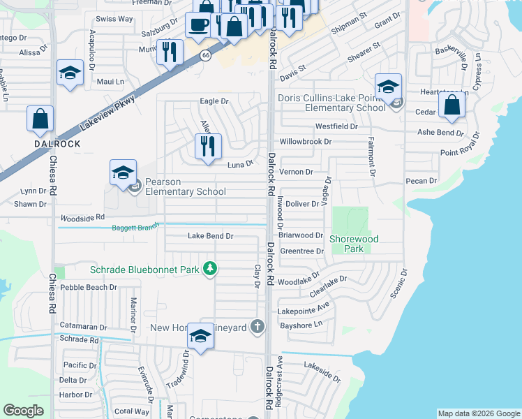 map of restaurants, bars, coffee shops, grocery stores, and more near 8510 Woodside Road in Rowlett