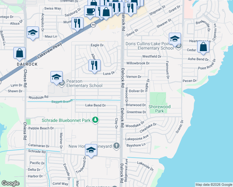 map of restaurants, bars, coffee shops, grocery stores, and more near 8510 Woodside Road in Rowlett