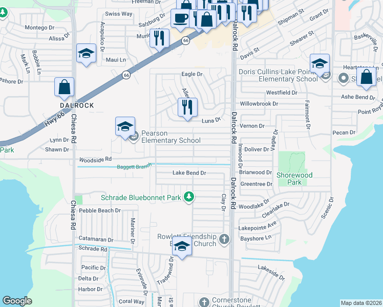 map of restaurants, bars, coffee shops, grocery stores, and more near 8214 Woodside Road in Rowlett