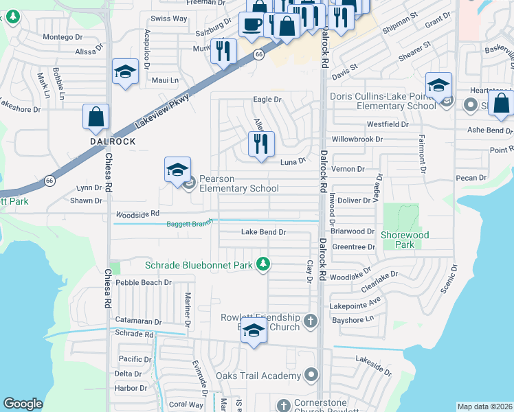 map of restaurants, bars, coffee shops, grocery stores, and more near 8214 Woodside Road in Rowlett