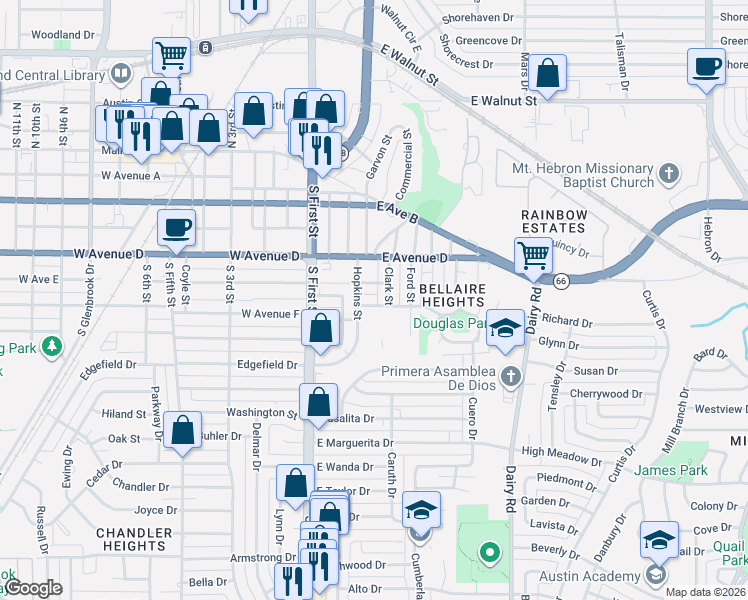 map of restaurants, bars, coffee shops, grocery stores, and more near 206 Carver Street in Garland