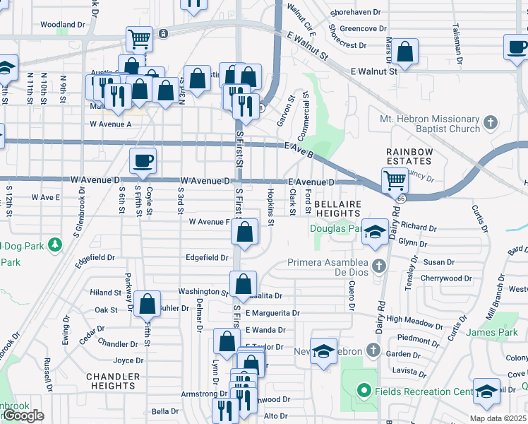 map of restaurants, bars, coffee shops, grocery stores, and more near 206 Carver Street in Garland
