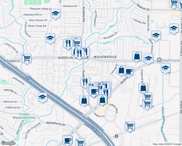 map of restaurants, bars, coffee shops, grocery stores, and more near 11600 Audelia Road in Dallas