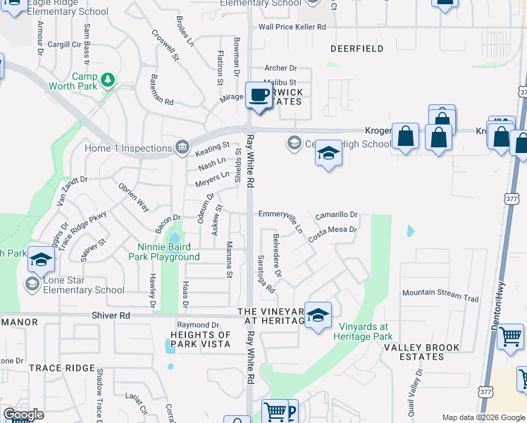 map of restaurants, bars, coffee shops, grocery stores, and more near 5204 Emmeryville Lane in Fort Worth