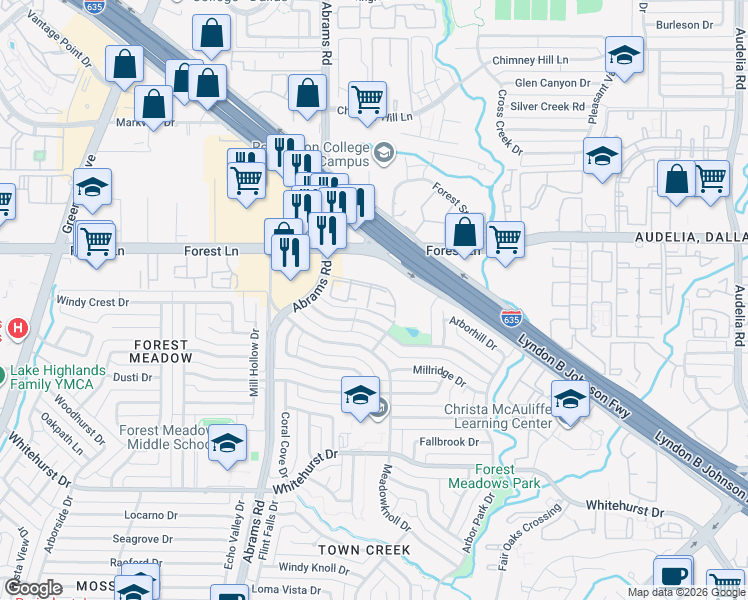 map of restaurants, bars, coffee shops, grocery stores, and more near 28 Forest Springs Drive in Dallas