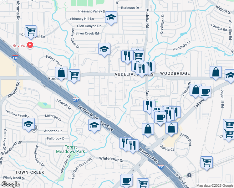 map of restaurants, bars, coffee shops, grocery stores, and more near 9722 Forest Lane in Dallas