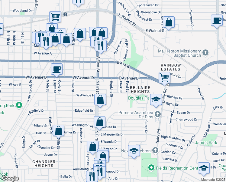 map of restaurants, bars, coffee shops, grocery stores, and more near 206 Carver Street in Garland