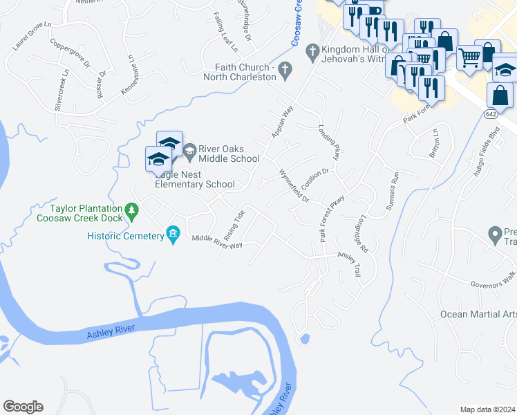 map of restaurants, bars, coffee shops, grocery stores, and more near 8460 Rice Basket Lane in North Charleston