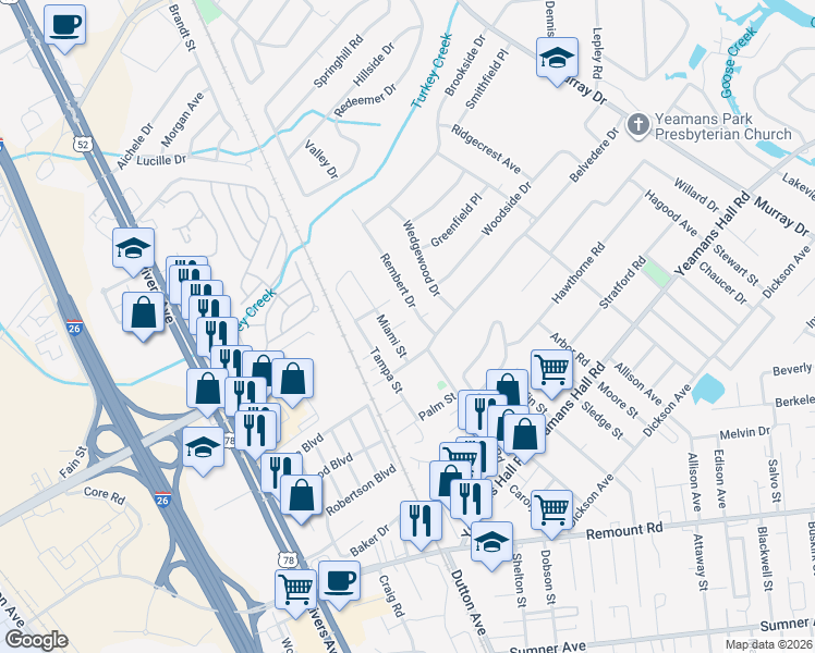 map of restaurants, bars, coffee shops, grocery stores, and more near 6018 Miami Street in Hanahan