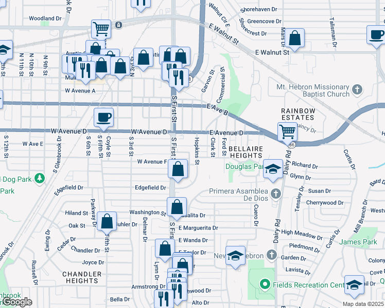 map of restaurants, bars, coffee shops, grocery stores, and more near 206 Carver Street in Garland