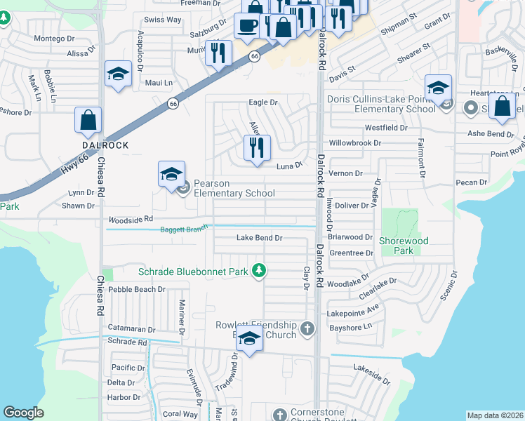 map of restaurants, bars, coffee shops, grocery stores, and more near 8214 Woodside Road in Rowlett
