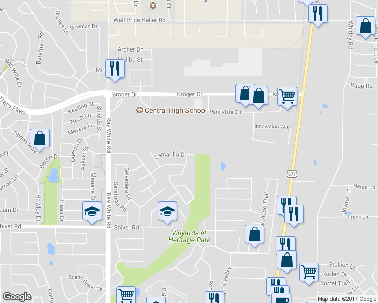 map of restaurants, bars, coffee shops, grocery stores, and more near 5601 Camarillo Drive in Fort Worth