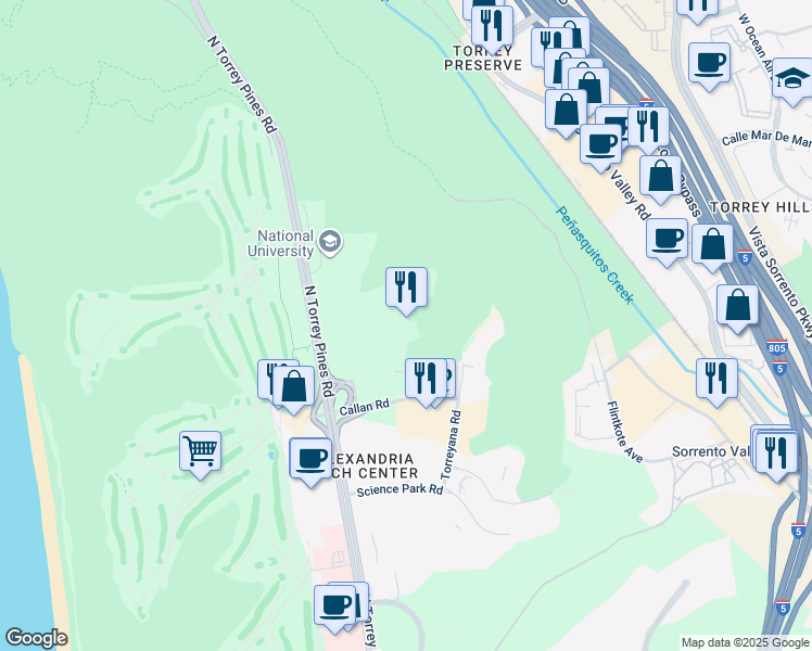 map of restaurants, bars, coffee shops, grocery stores, and more near 3020 Callan Road in San Diego