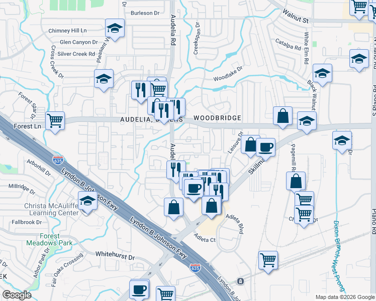 map of restaurants, bars, coffee shops, grocery stores, and more near 11600 Audelia Road in Dallas