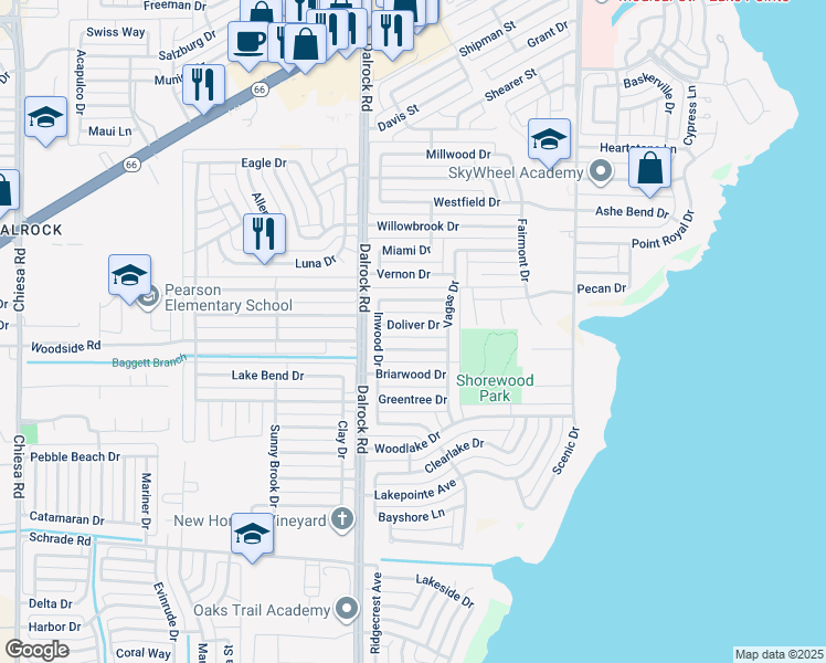 map of restaurants, bars, coffee shops, grocery stores, and more near 8813 Pine Forest Drive in Rowlett