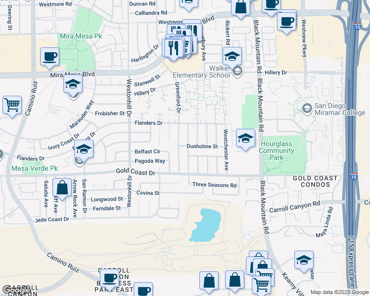 map of restaurants, bars, coffee shops, grocery stores, and more near 10422 Londonderry Avenue in San Diego