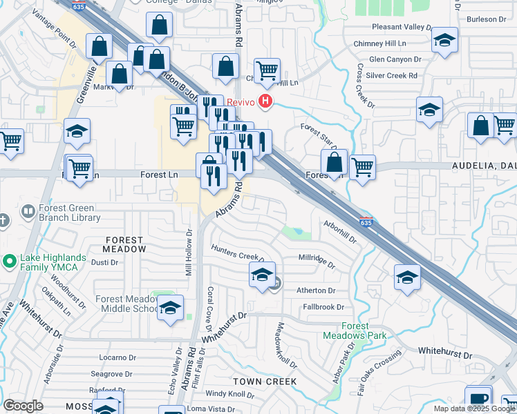 map of restaurants, bars, coffee shops, grocery stores, and more near 9450 Forest Springs Drive in Dallas
