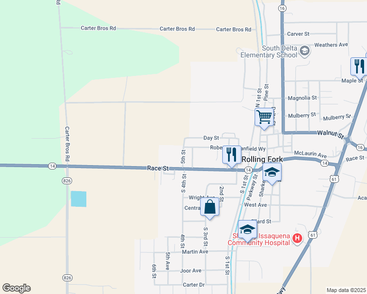 map of restaurants, bars, coffee shops, grocery stores, and more near 5th Street in Rolling Fork