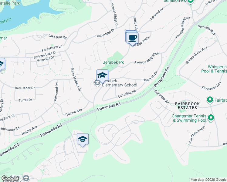 map of restaurants, bars, coffee shops, grocery stores, and more near 11656 La Colina Road in San Diego