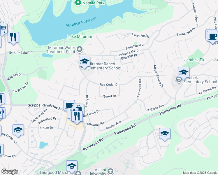 map of restaurants, bars, coffee shops, grocery stores, and more near 10252 Red Cedar Court in San Diego