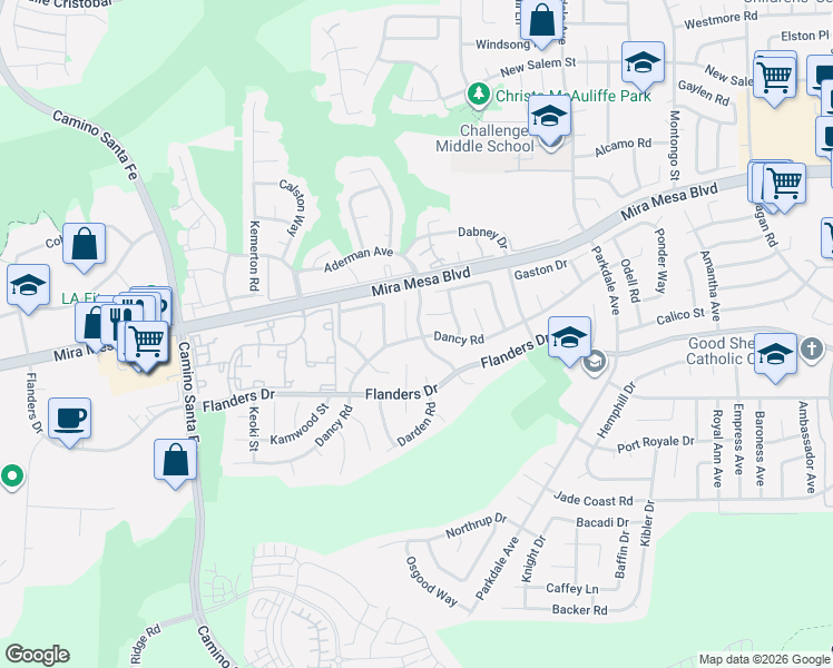 map of restaurants, bars, coffee shops, grocery stores, and more near 7595 Dancy Road in San Diego