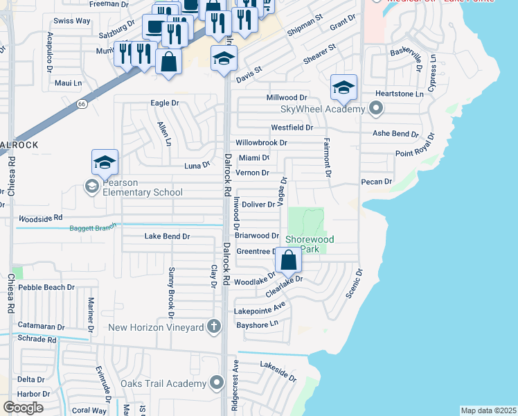 map of restaurants, bars, coffee shops, grocery stores, and more near 8813 Pine Forest Drive in Rowlett