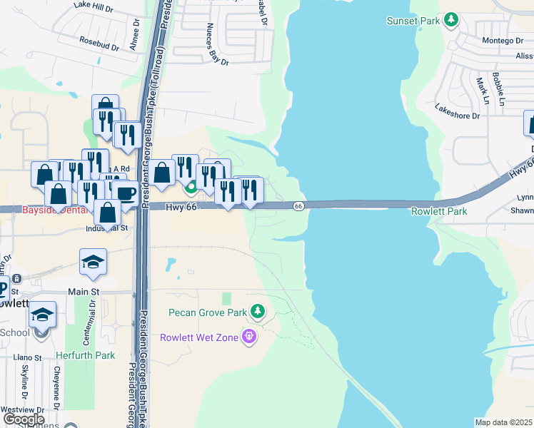 map of restaurants, bars, coffee shops, grocery stores, and more near 5401 Edgewater Circle in Rowlett