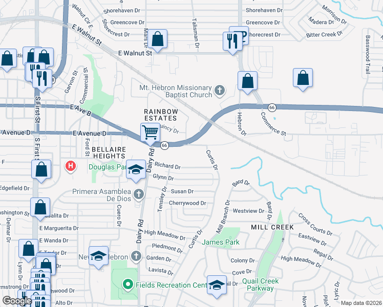 map of restaurants, bars, coffee shops, grocery stores, and more near 1029 Richard Drive in Garland