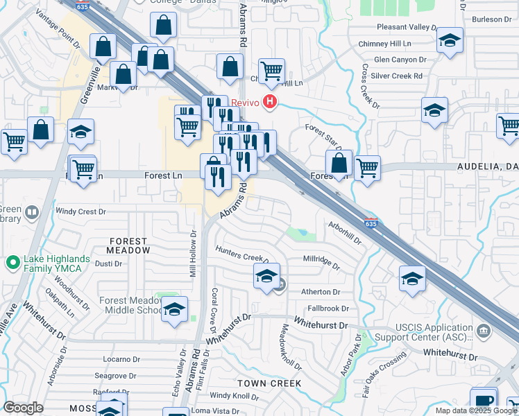 map of restaurants, bars, coffee shops, grocery stores, and more near 9439 Timberleaf Drive in Dallas