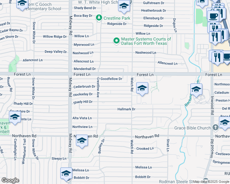 map of restaurants, bars, coffee shops, grocery stores, and more near 4452 Hockaday Drive in Dallas