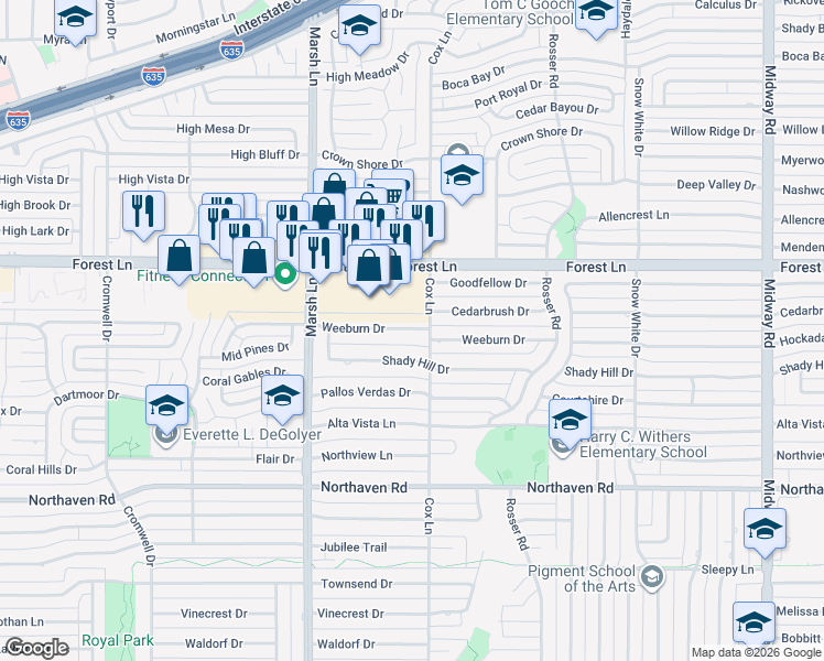 map of restaurants, bars, coffee shops, grocery stores, and more near 3776 Weeburn Drive in Dallas