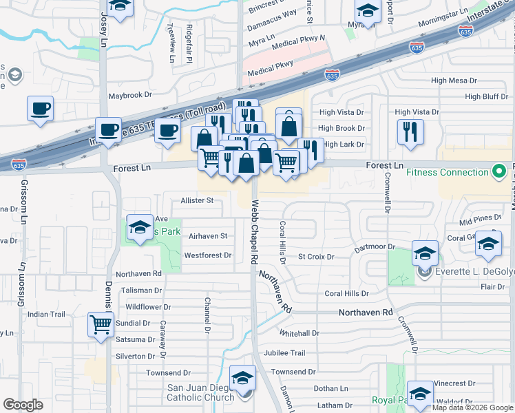 map of restaurants, bars, coffee shops, grocery stores, and more near 3157 Modella Avenue in Dallas