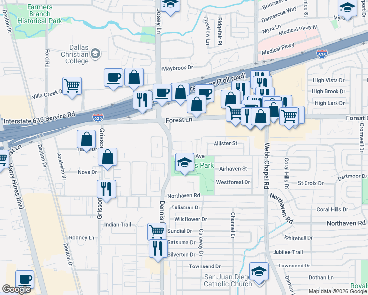 map of restaurants, bars, coffee shops, grocery stores, and more near 2960 South Bend Drive in Dallas
