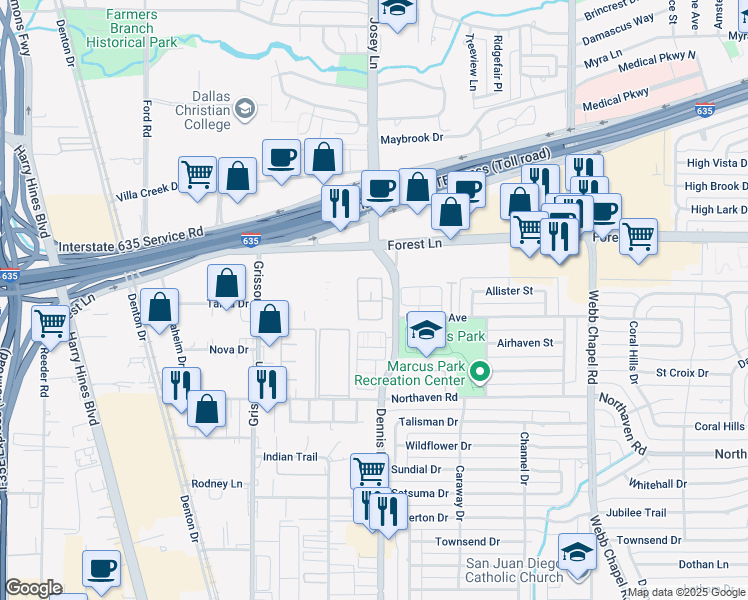 map of restaurants, bars, coffee shops, grocery stores, and more near 11661 Dennis Road in Dallas