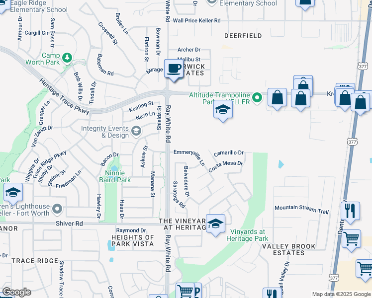 map of restaurants, bars, coffee shops, grocery stores, and more near 5240 Emmeryville Lane in Fort Worth