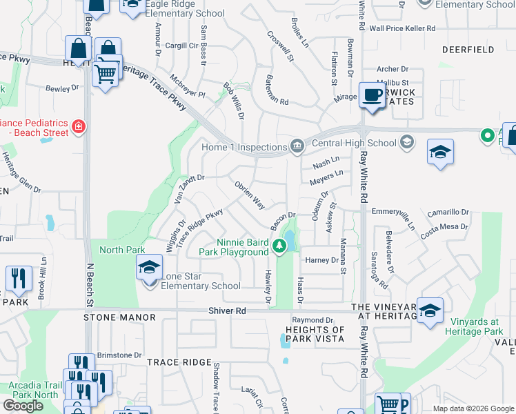 map of restaurants, bars, coffee shops, grocery stores, and more near 4925 Giordano Way in Fort Worth
