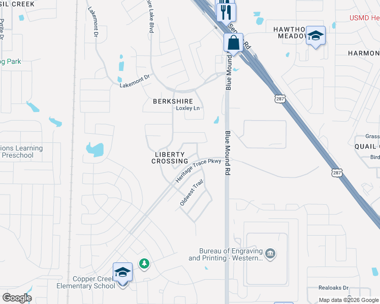 map of restaurants, bars, coffee shops, grocery stores, and more near 648 Ricochet Drive in Fort Worth