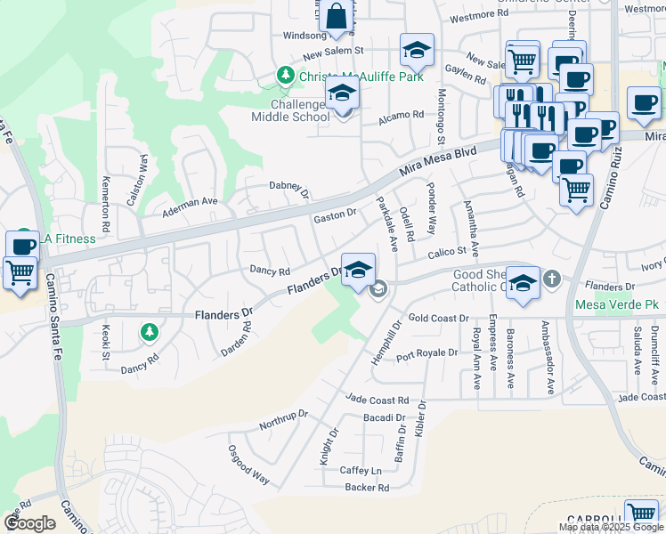 map of restaurants, bars, coffee shops, grocery stores, and more near 7756 Flanders Drive in San Diego