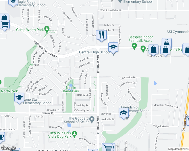 map of restaurants, bars, coffee shops, grocery stores, and more near 5129 Emmeryville Lane in Fort Worth