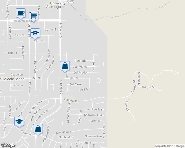map of restaurants, bars, coffee shops, grocery stores, and more near 3032 Del Prado in Alamogordo