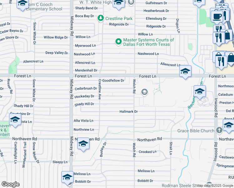 map of restaurants, bars, coffee shops, grocery stores, and more near 4452 Hockaday Drive in Dallas