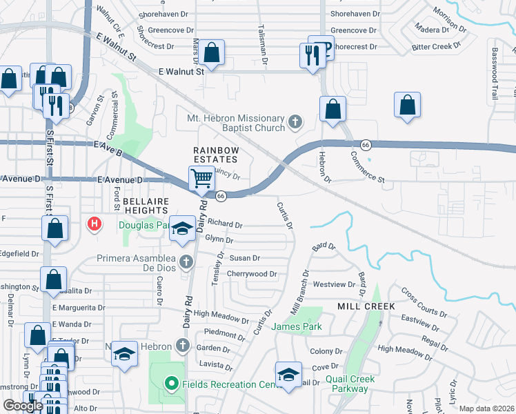 map of restaurants, bars, coffee shops, grocery stores, and more near 1029 Richard Drive in Garland