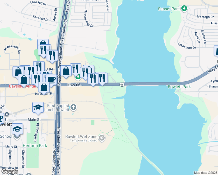map of restaurants, bars, coffee shops, grocery stores, and more near 5406 Lakeview Parkway in Rowlett