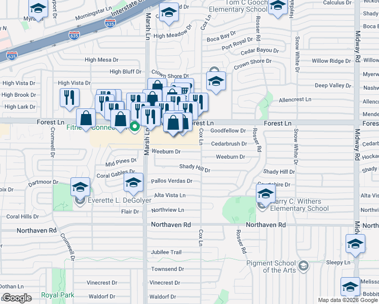 map of restaurants, bars, coffee shops, grocery stores, and more near 3776 Weeburn Drive in Dallas