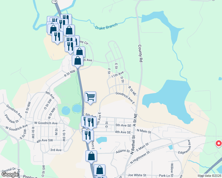 map of restaurants, bars, coffee shops, grocery stores, and more near 111 F Street in Thomaston