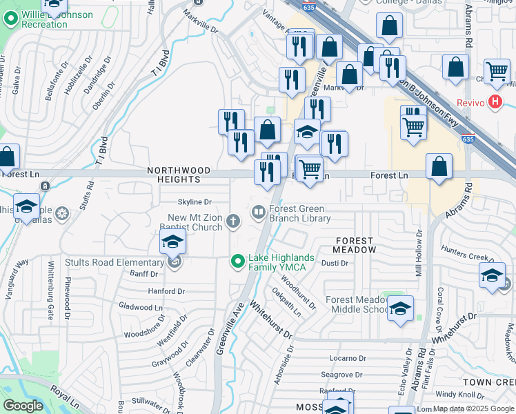 map of restaurants, bars, coffee shops, grocery stores, and more near 9639 Greenville Avenue in Dallas