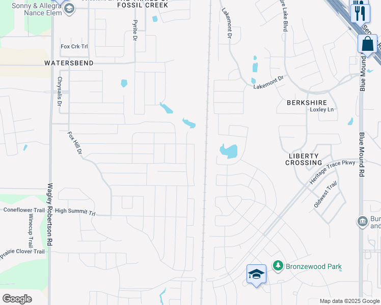 map of restaurants, bars, coffee shops, grocery stores, and more near 409 Foxcraft Drive in Fort Worth