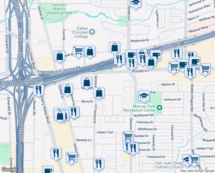map of restaurants, bars, coffee shops, grocery stores, and more near 11468 Grissom Lane in Dallas